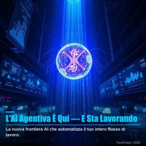 AI agentiva GPT-5.4 - robot digitale che gestisce flussi di lavoro aziendali autonomi su schermo olografico