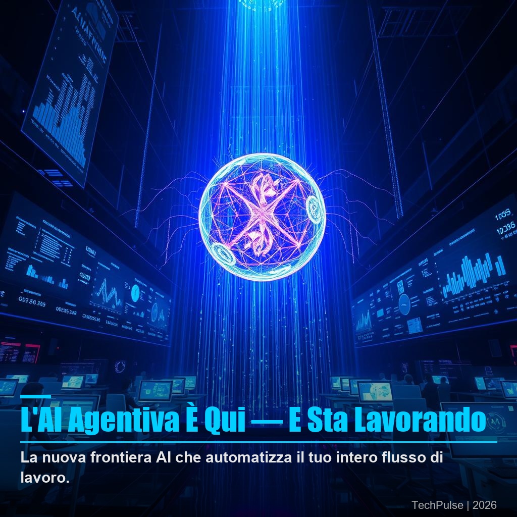 AI agentiva GPT-5.4 - robot digitale che gestisce flussi di lavoro aziendali autonomi su schermo olografico