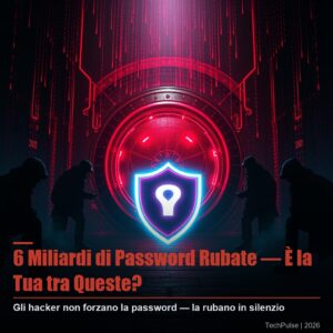 Credenziali violate 2026: hacker che sottrae password aziendali tramite infostealer su schermo digitale
