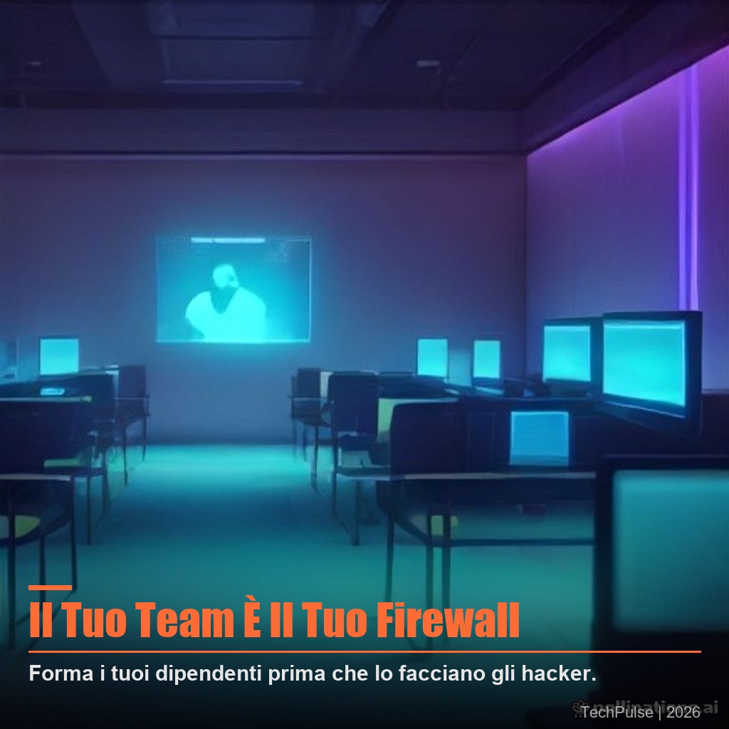 Corsi formazione cybersecurity dipendenti PMI CyberGuru – dipendenti in aula davanti a schermi con icone di sicurezza informatica